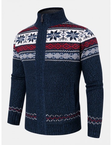 Mens Geometric Graphics Knitted Fleece Lined Warm Sweater Cardigans