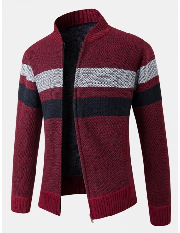 Mens Patchwork Zip Front Rib-Knit Plush Lined Cotton Cardigans With Pocket