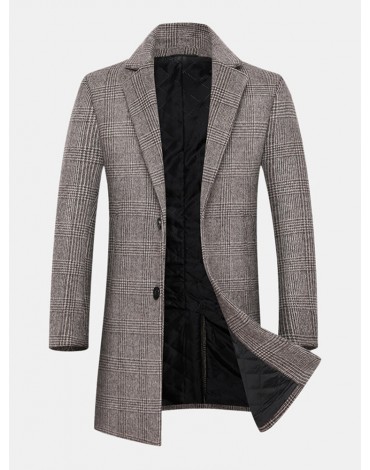 Mens Houndstooth Woolen Single-Breasted Lapel Mid-Length Overcoat