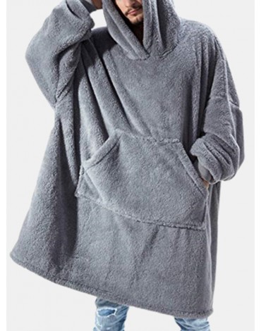 Mens Flannel Thicken Oversized Kangaroo Pocket Blanket Hoodies Warm Homewear