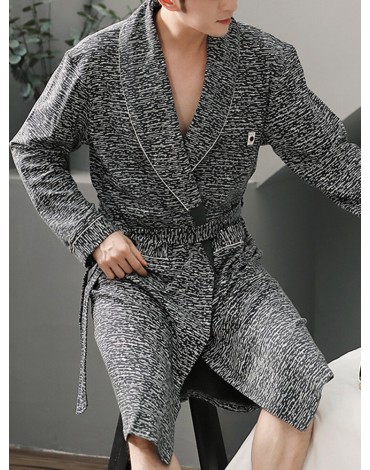 Mens Solid Color Letter Embroidery Double Pocket Lapel Sleepwear Robes With Sashes