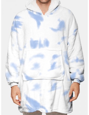 Mens Thicken TIe-Dye Fleece Lined Warm Loose Home Blanket Hoodie With Kangaroo Pocket